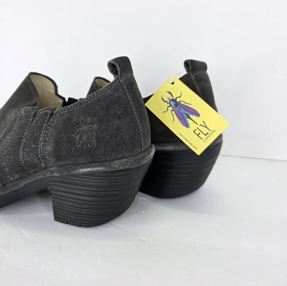 Fly London Wate Girl's Low Ankle Slip-On Booties Gray Suede Block Heel Size 13